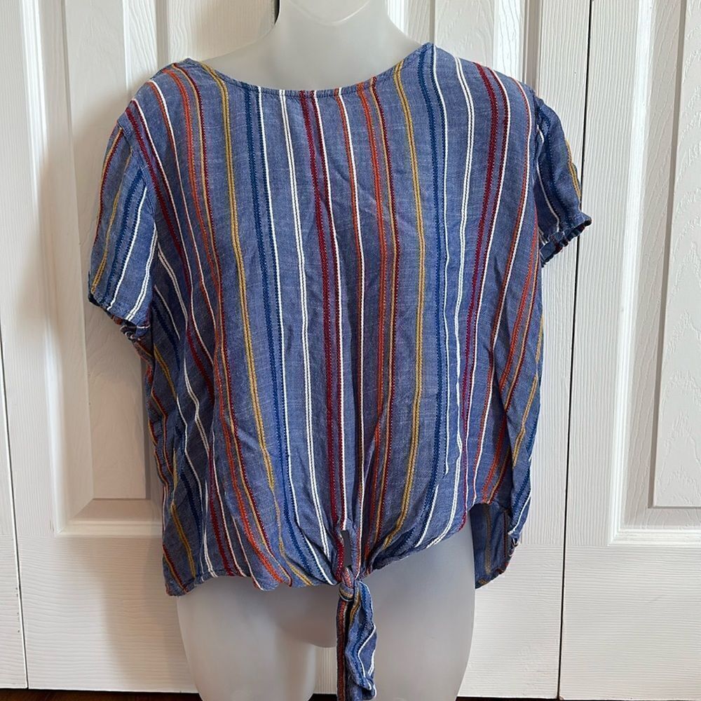 K.I.T Vertical Striped Stripe 100% Rayon Blue Front Tie Top Blouse Shirt XL